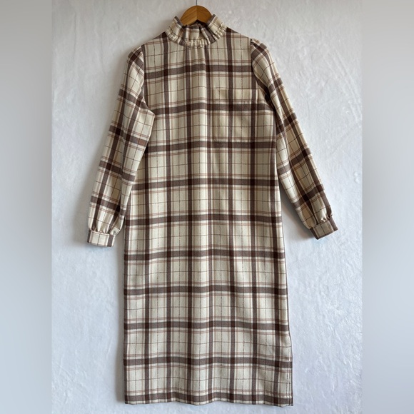 Sezane Dresses & Skirts - Sezane womens cream brown mock neck wool blend Plaid Long Sleeve Dress size 34